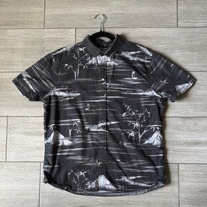 Express Cotton Slim Soft Wash Black Tropical Button Up Short Sleeve Large